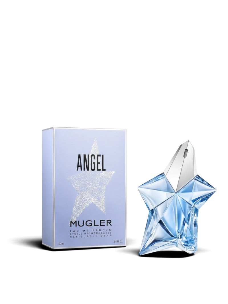euaden Thierry Mugler Angel kadın parfümü, ikonik yıldız şeklinde mavi cam şişesi ve şık kutusuyla sunuluyor.
