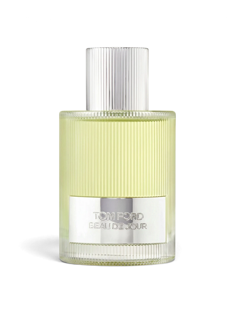 Euaden Tom Ford Beau De Jour 100 ml erkek parfümü, şık çizgili cam şişesi ve gümüş kapak tasarımıyla.