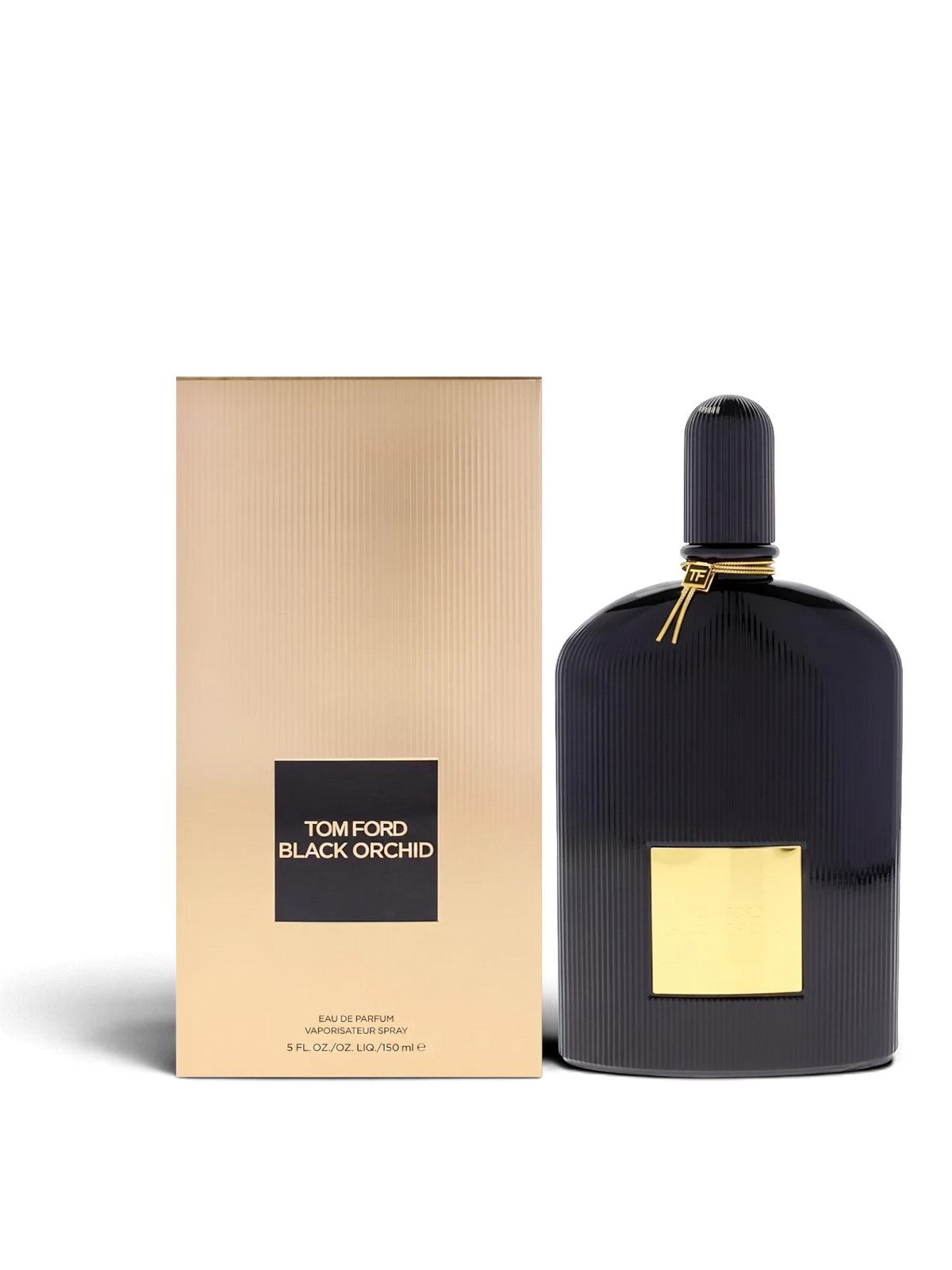 Euaden koleksiyonundan Tom Ford Black Orchid unisex parfüm şişesi ve altın renkli kutusu
