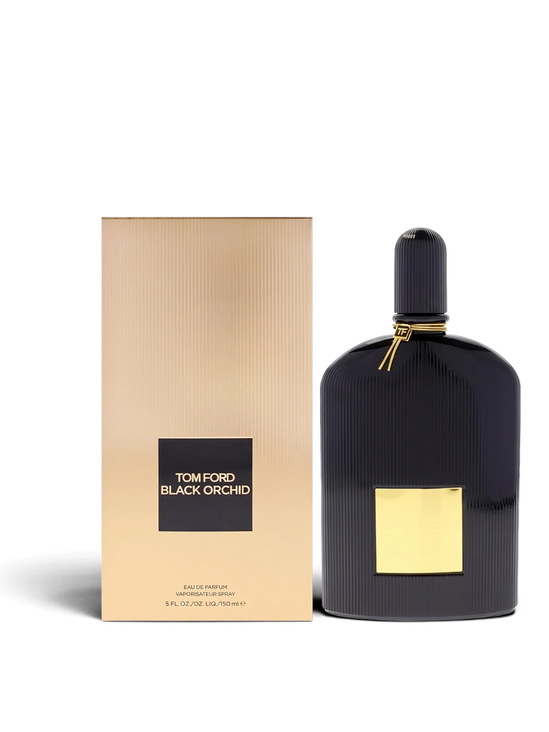 Euaden koleksiyonundan Tom Ford Black Orchid unisex parfüm şişesi ve altın renkli kutusu