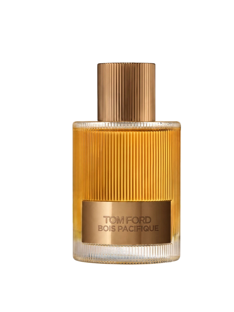 euaden Tom Ford Bois Pacifique unisex parfüm, dikey çizgili cam şişesi ve bronz kapak tasarımıyla lüks odunsu koku