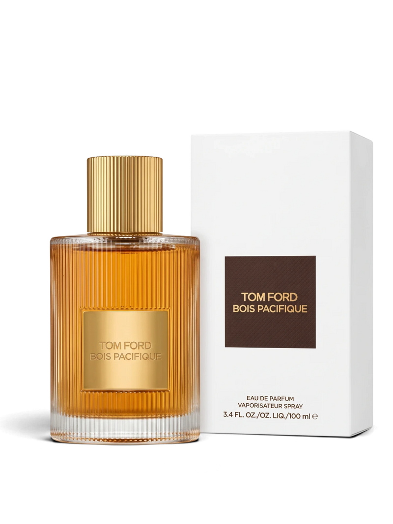 euaden Tom Ford Bois Pacifique unisex parfüm, altın rengi çizgili cam şişesi ve beyaz kutusu ile zarif bir sunumda.