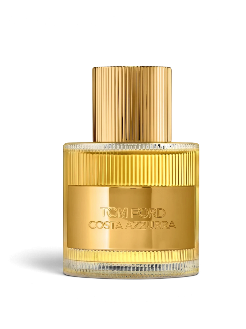 euaden Tom Ford Costa Azzurra unisex parfüm, altın rengi yivli cam şişesi ve lüks tasarımıyla dikkat çekiyor.