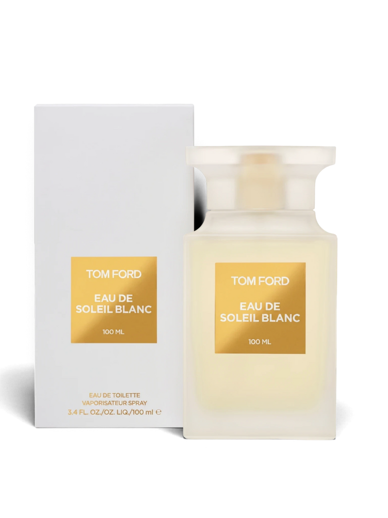 euaden Tom Ford Eau De Soleil Blanc unisex parfüm, beyaz kutusu ve altın etiketli buzlu cam şişesiyle lüks yaz kokusu