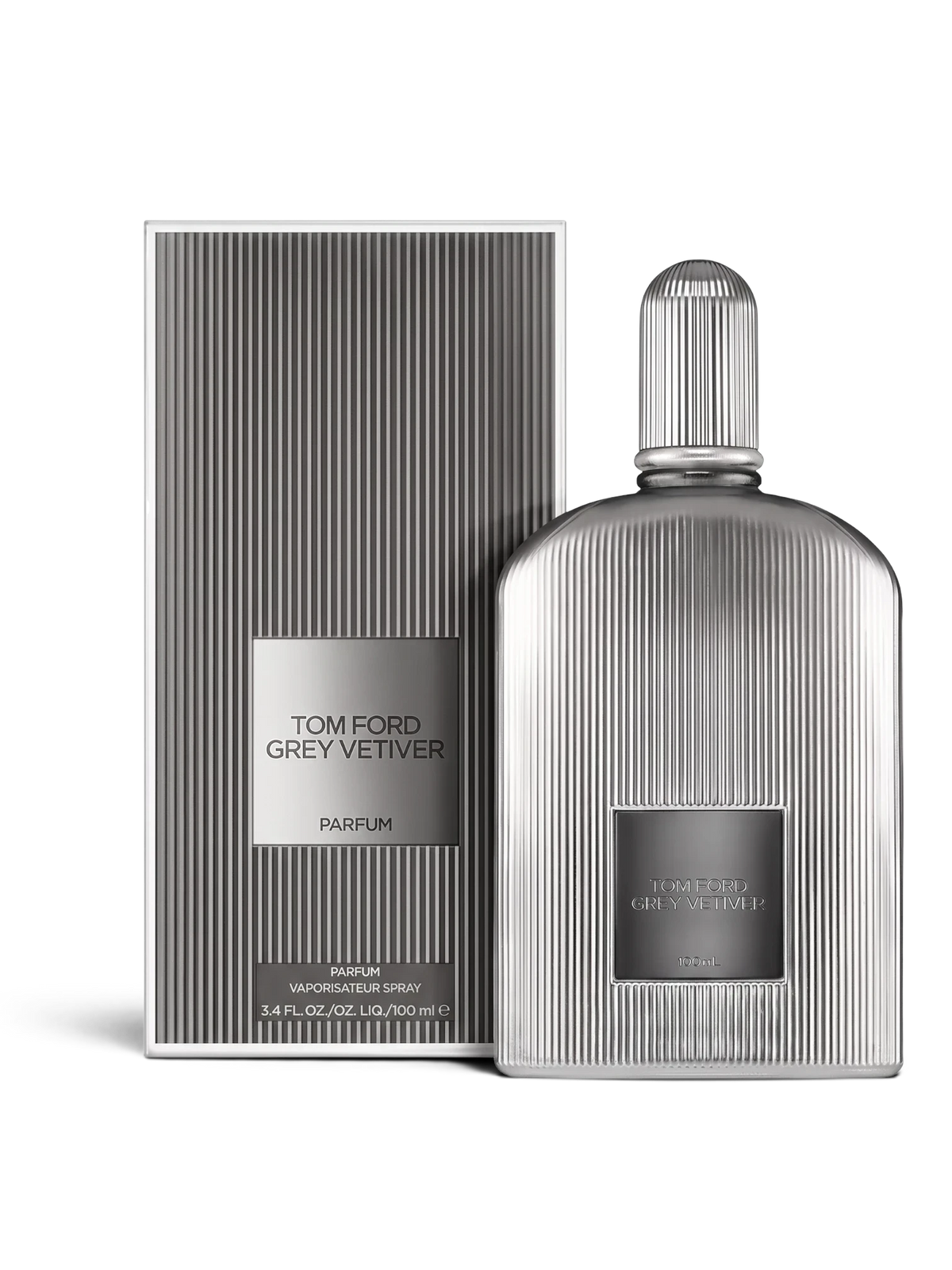 Euaden Tom Ford Grey Vetiver erkek parfümü, gümüş renkli çizgili şişesi ve şık kutusu ile lüks odunsu koku.