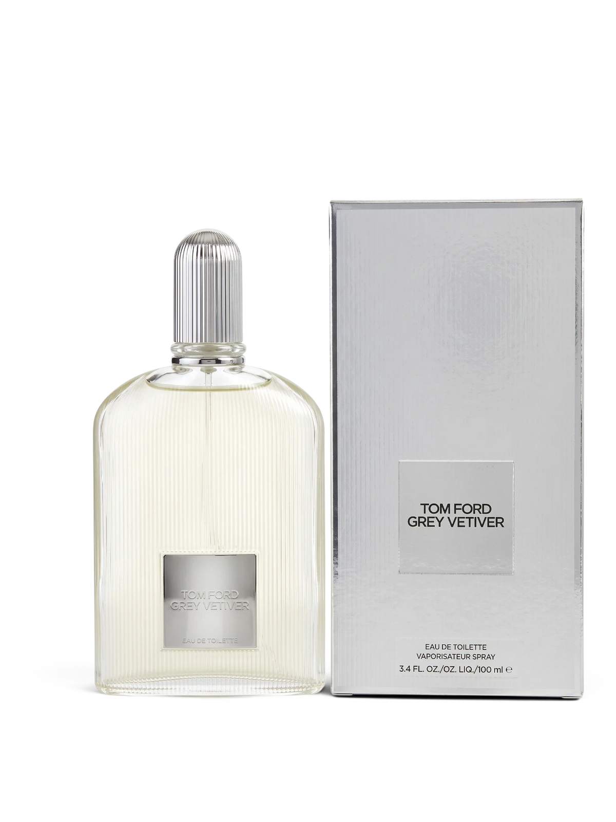 euaden Tom Ford Eau de Grey Vetiver erkek parfümü, gümüş kutusu ve şık cam şişesiyle ferah odunsu koku