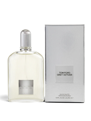 euaden Tom Ford Eau de Grey Vetiver erkek parfümü, gümüş kutusu ve şık cam şişesiyle ferah odunsu koku