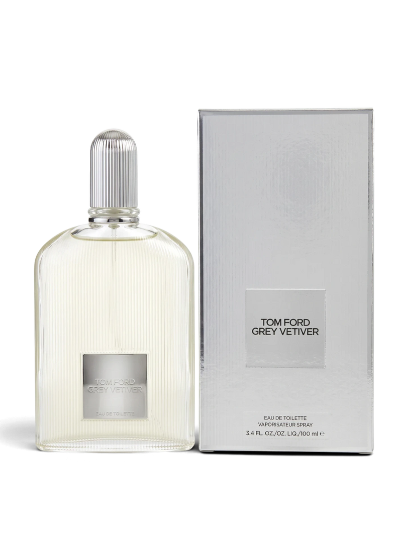 euaden Tom Ford Eau de Grey Vetiver erkek parfümü, gümüş kutusu ve şık cam şişesiyle ferah odunsu koku