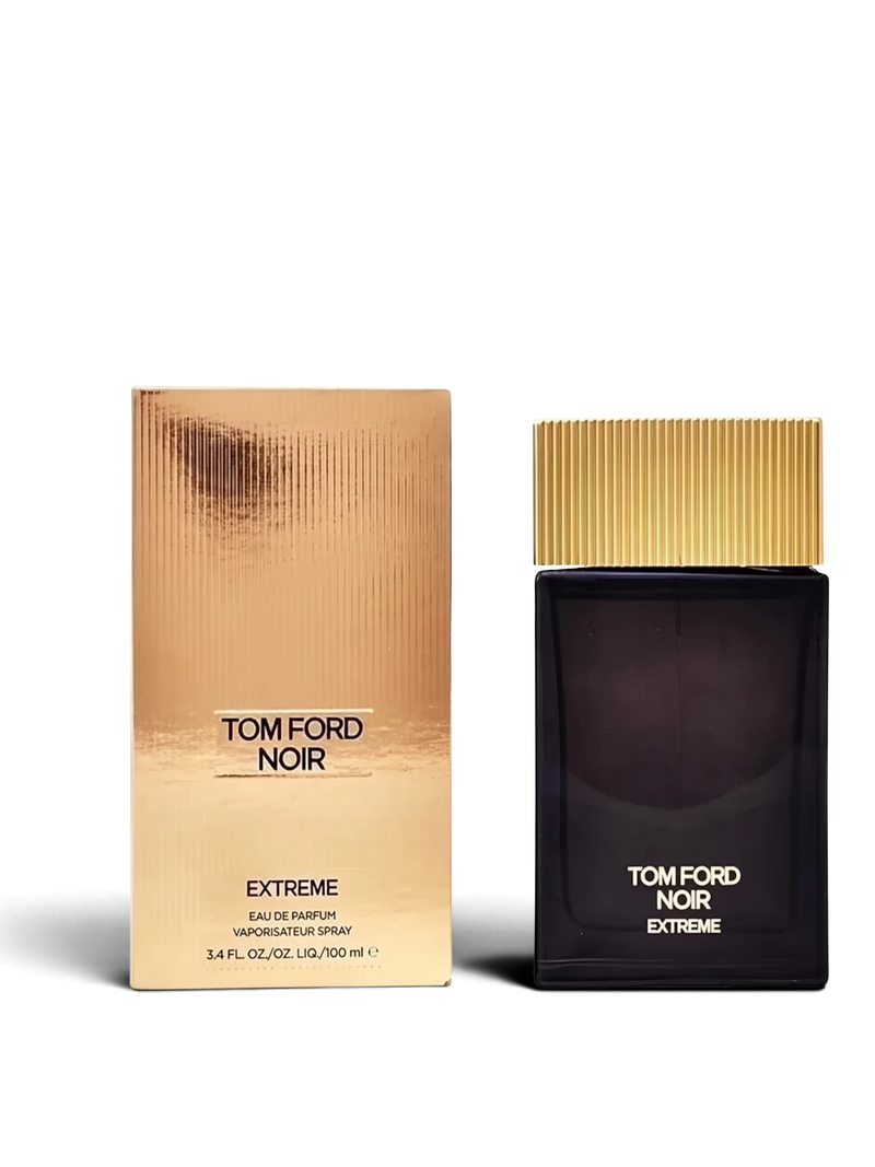 euaden Tom Ford Noir Extreme erkek parfümü, altın renkli kutusu ve siyah şişesiyle lüks gourmand koku