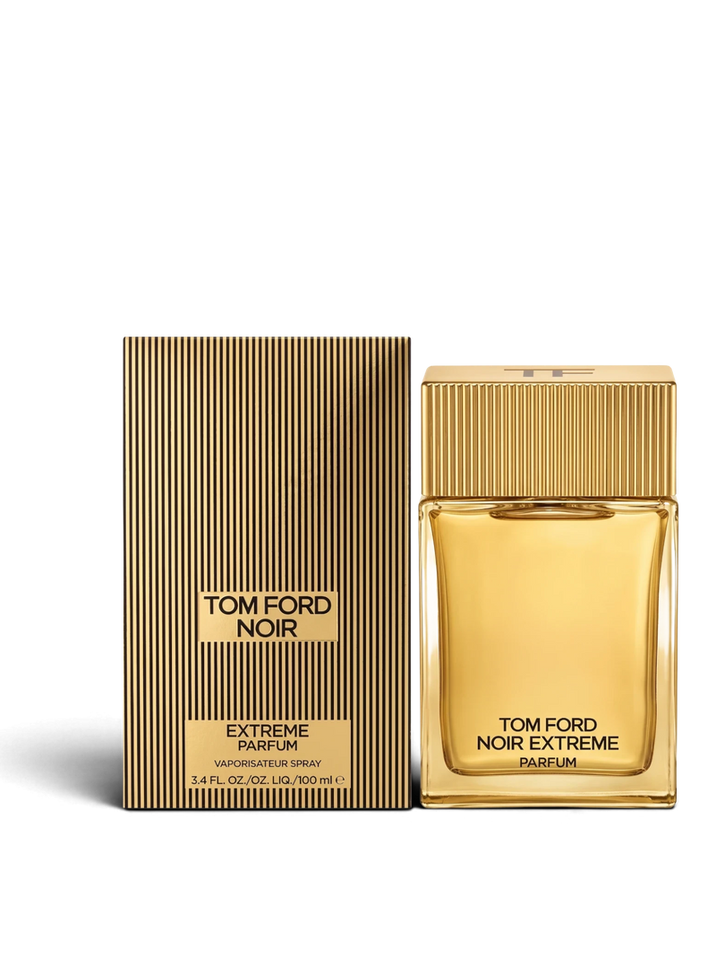 Euaden Tom Ford Noir Extreme erkek parfümü, altın rengi şişesi ve çizgili lüks kutusuyla şık bir sunumda.