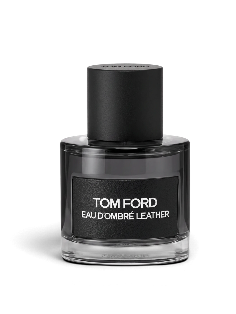Euaden koleksiyonundan siyah deri etiketli, lüks ve yoğun Tom Ford Ombre Leather unisex parfüm şişesi