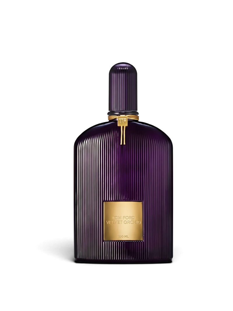 euaden Tom Ford Velvet Orchid kadın parfümü, altın detaylı koyu mor dikey çizgili lüks cam şişe tasarımı