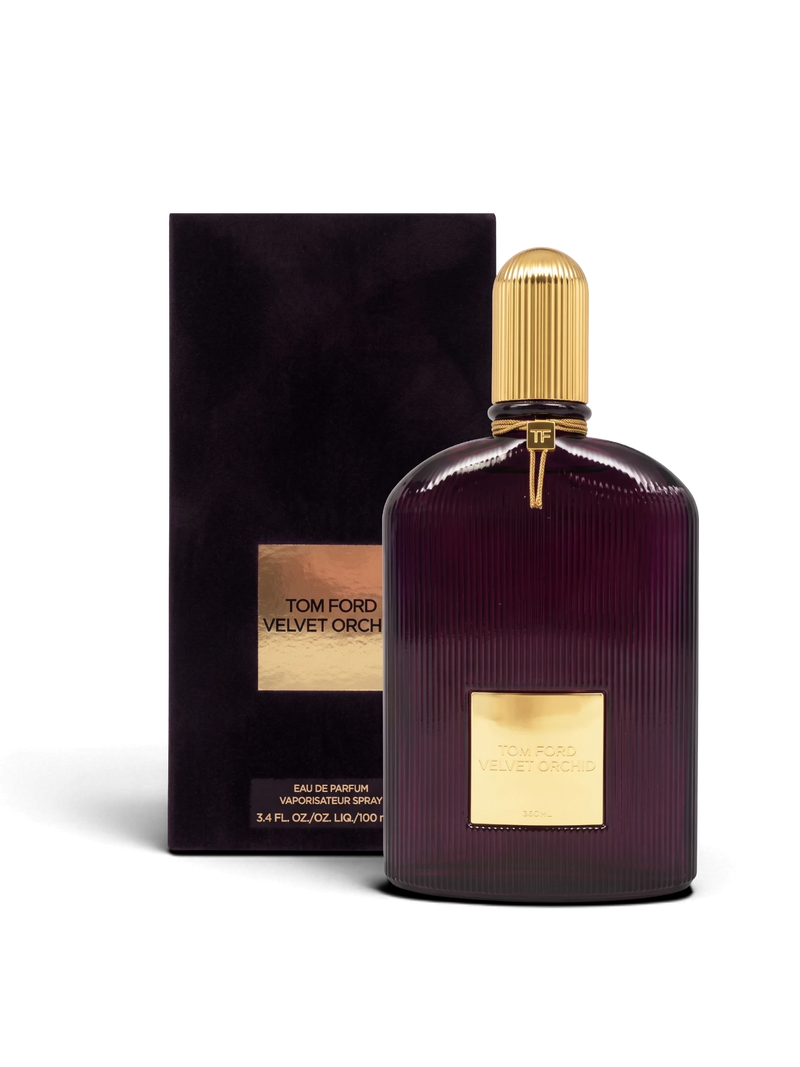 Euaden Tom Ford Velvet Orchid kadın parfümü, mor cam şişesi ve altın detaylı kutusuyla lüks çiçeksi koku.