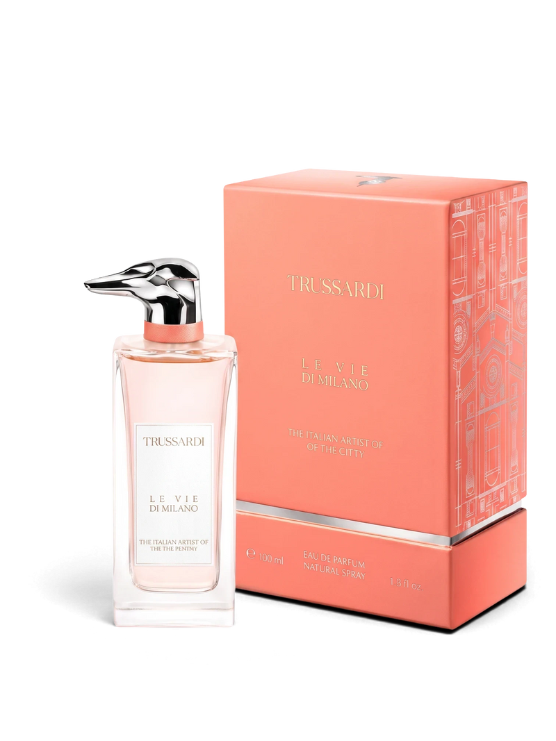 euaden Trussardi The Italian Artists Of Via Solferino 100ml parfüm şişesi ve şeftali tonlarında özel tasarım kutusu