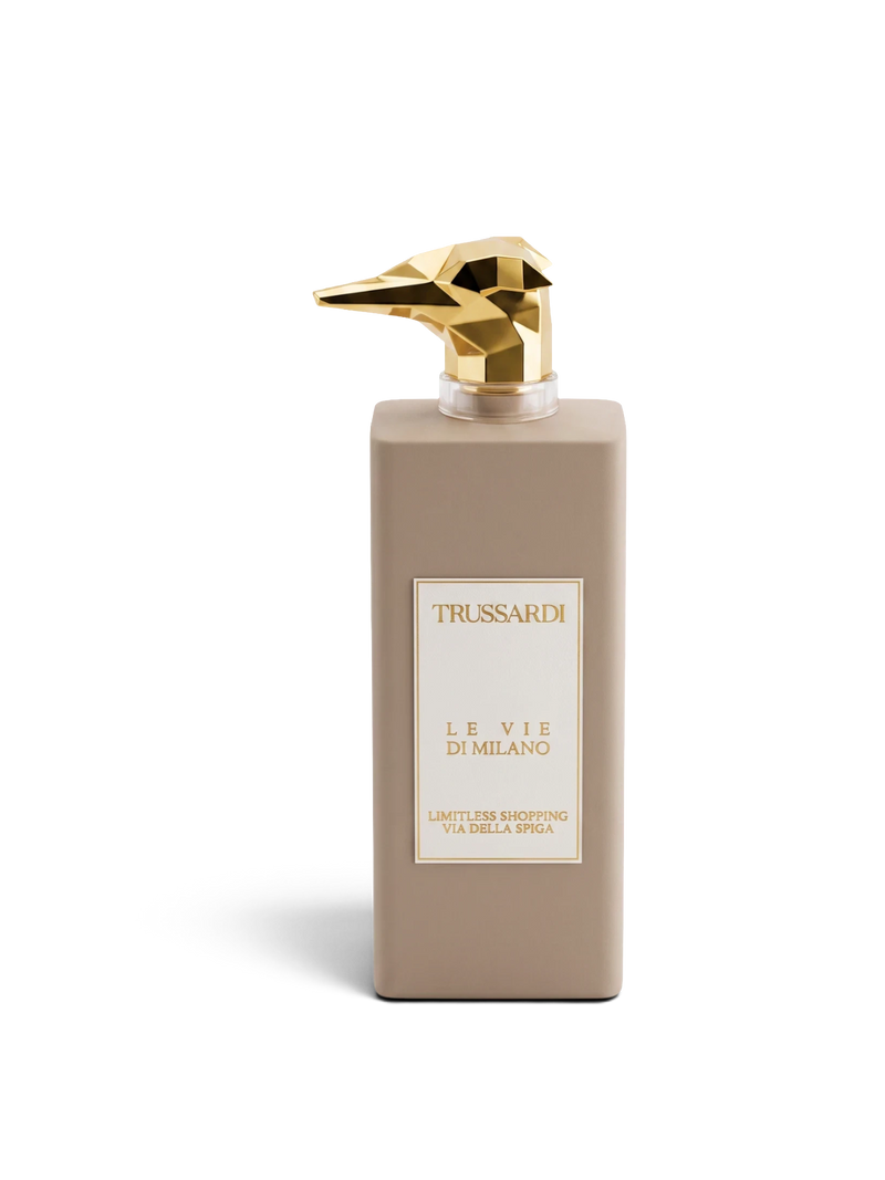euaden Trussardi Le Vie di Milano unisex parfüm, altın renkli ikonik tazı kapaklı bej şişe tasarımı