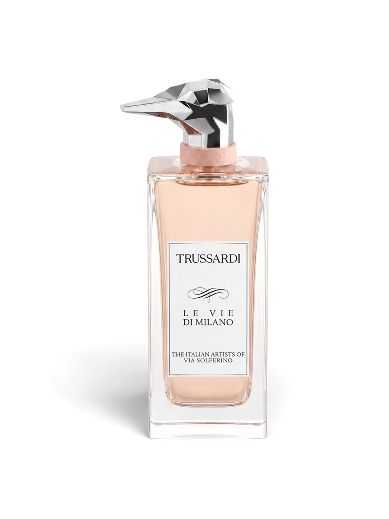 Euaden Trussardi The Italian Artists Of Via Solferino unisex parfüm, şık cam şişesi ve ikonik tazı başlıklı kapağı.