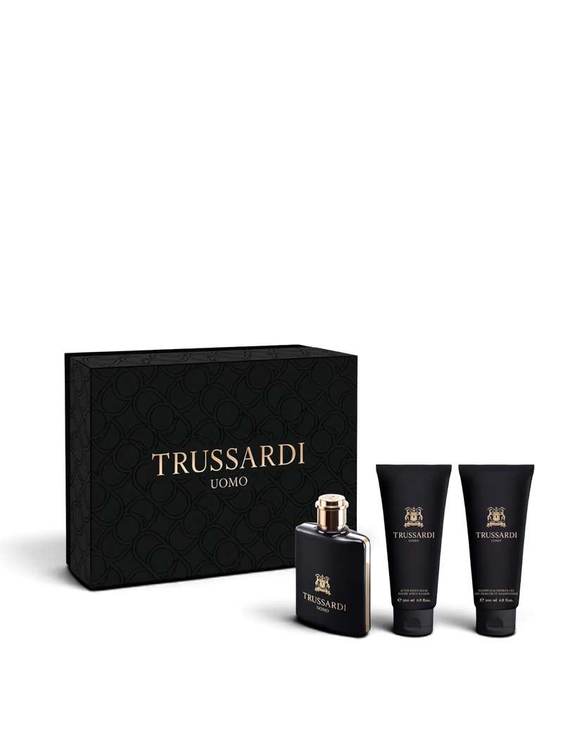 euaden Trussardi Uomo erkek parfüm seti, siyah şık hediye kutusunda EDT parfüm, tıraş sonrası balsam ve duş jeli