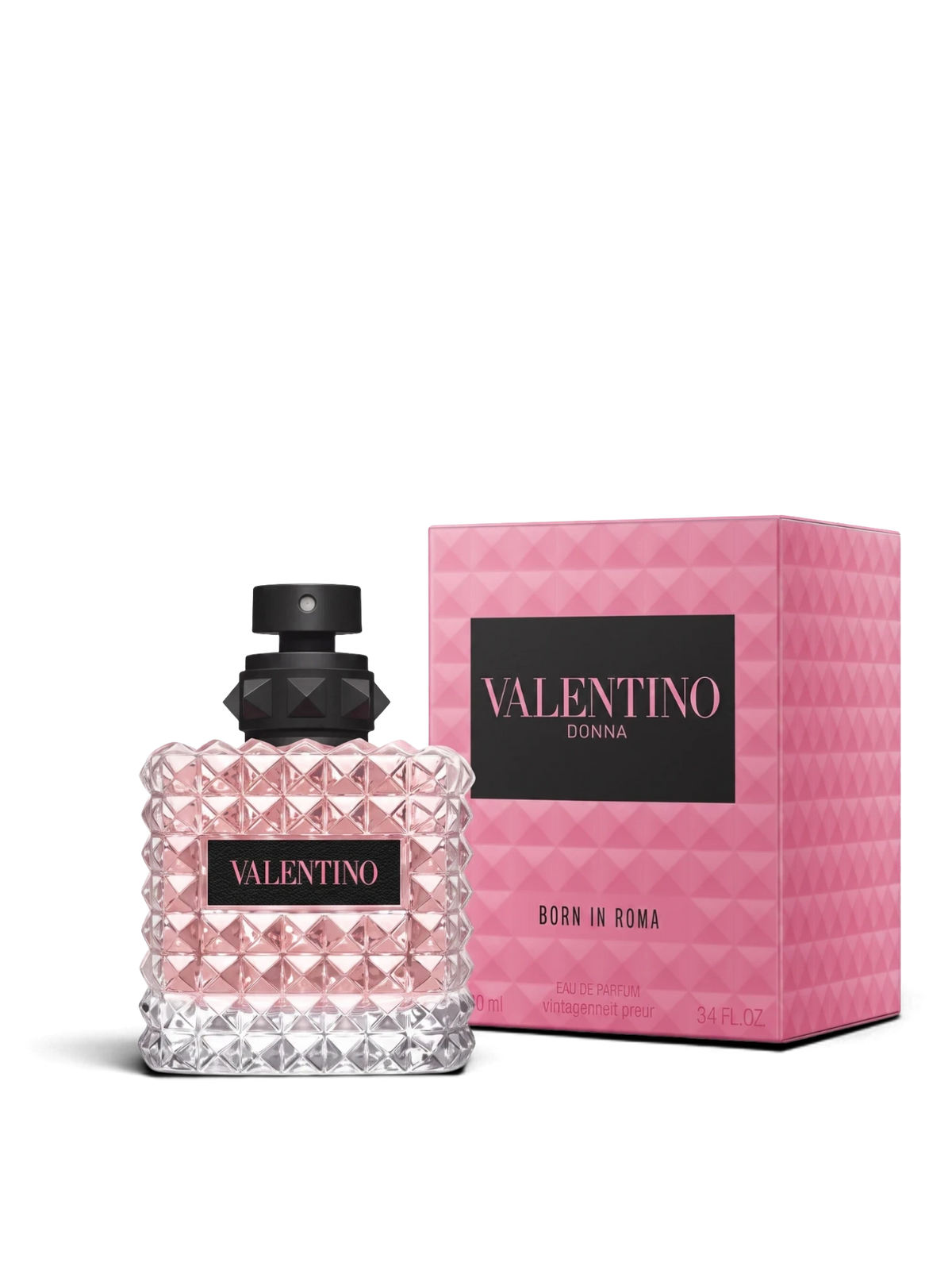 euaden Valentino Donna Born In Roma 100 ml kadın parfümü, ikonik çivili cam şişesi ve pembe kutusuyla