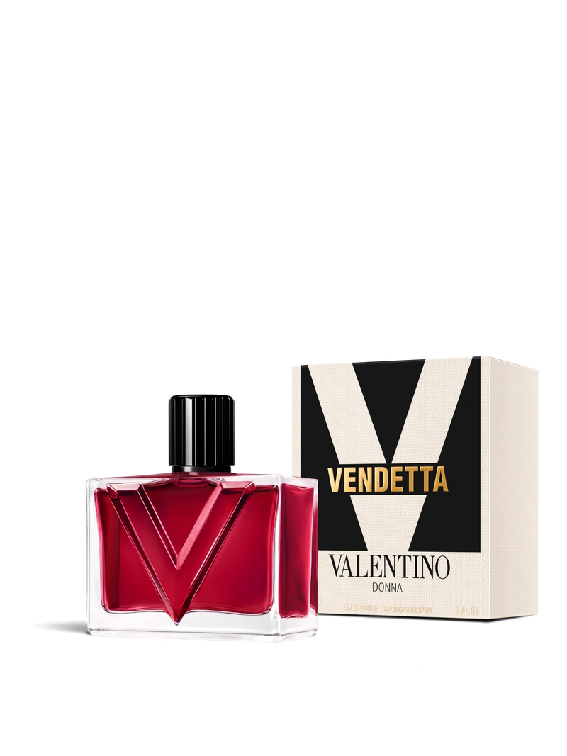 euaden Valentino Vendetta Donna EDP 90 ml kadın parfümü, kırmızı cam şişesi ve ikonik V logolu kutusu ile