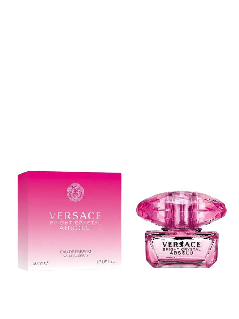 euaden Versace Bright Crystal Absolu pembe cam şişeli kadın parfümü ve kutusu