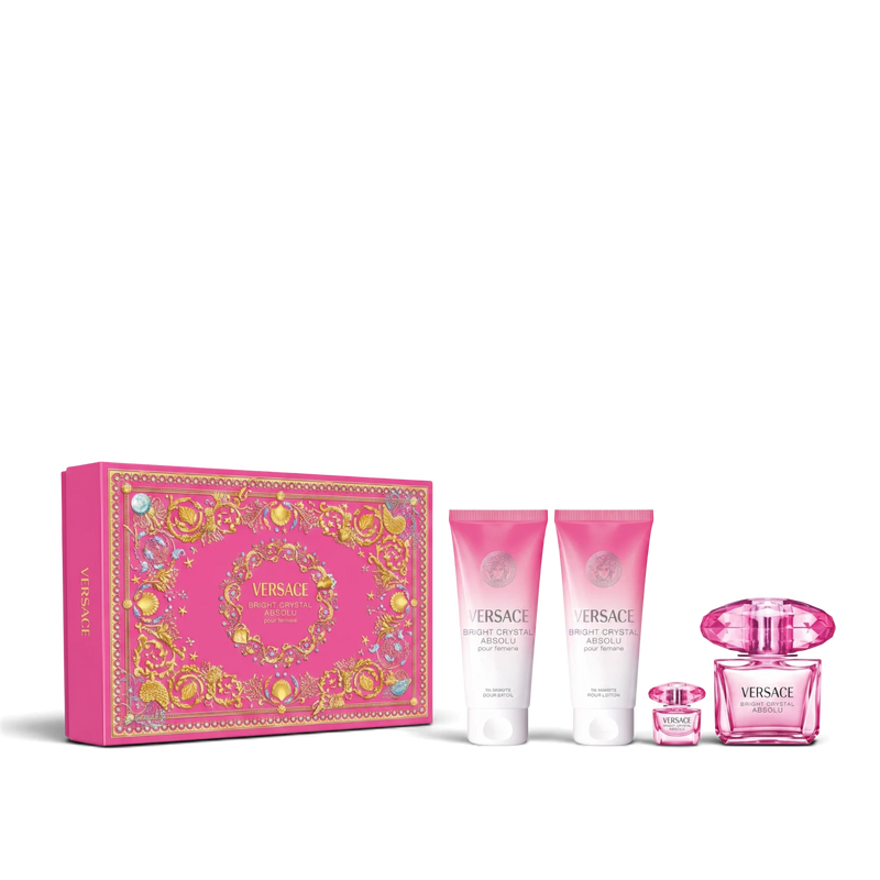 euaden Versace Bright Crystal Absolu kadın parfüm seti, pembe kutu, büyük ve küçük boy parfüm ile vücut losyonu