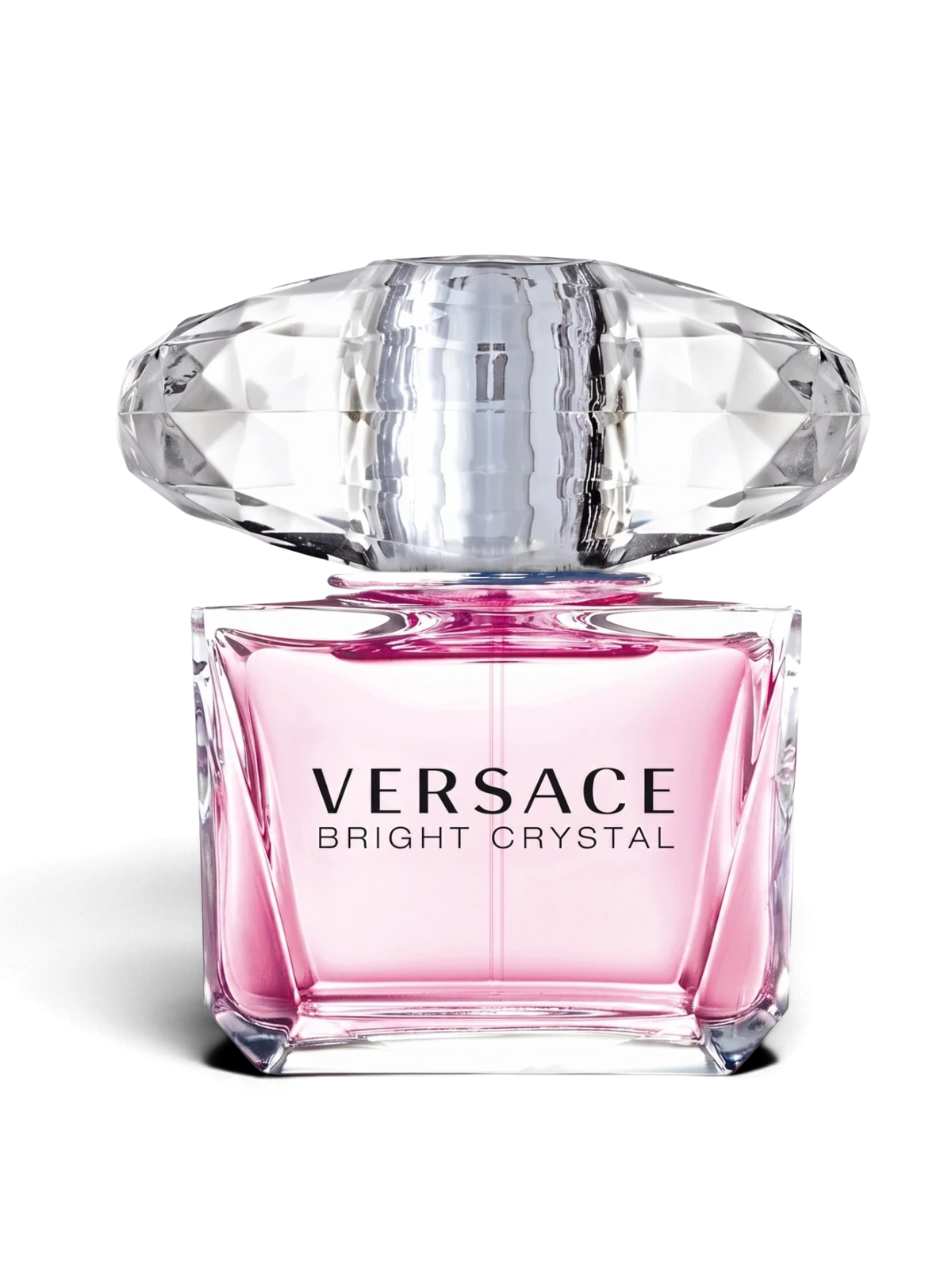 euaden Versace Bright Crystal kadın parfümü, pırlanta kesim kapaklı şık pembe cam şişe tasarımı