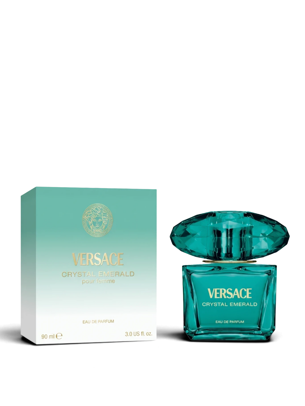 euaden Versace Crystal Emerald kadın parfümü, zümrüt yeşili kristal şişesi ve şık kutusuyla 90 ml EDP