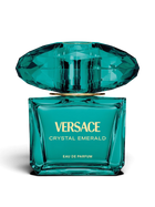 euaden Versace Crystal Emerald kadın parfümü, zümrüt yeşili kristal kapaklı lüks cam şişe tasarımı