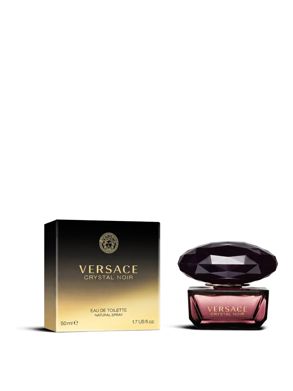 euaden Versace Crystal Noir EDT kadın parfümü, elmas kesim koyu mor kapaklı şişesi ve şık kutusu ile birlikte.