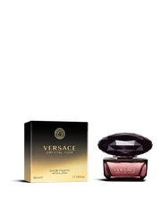 euaden Versace Crystal Noir EDT kadın parfümü, elmas kesim koyu mor kapaklı şişesi ve şık kutusu ile birlikte.
