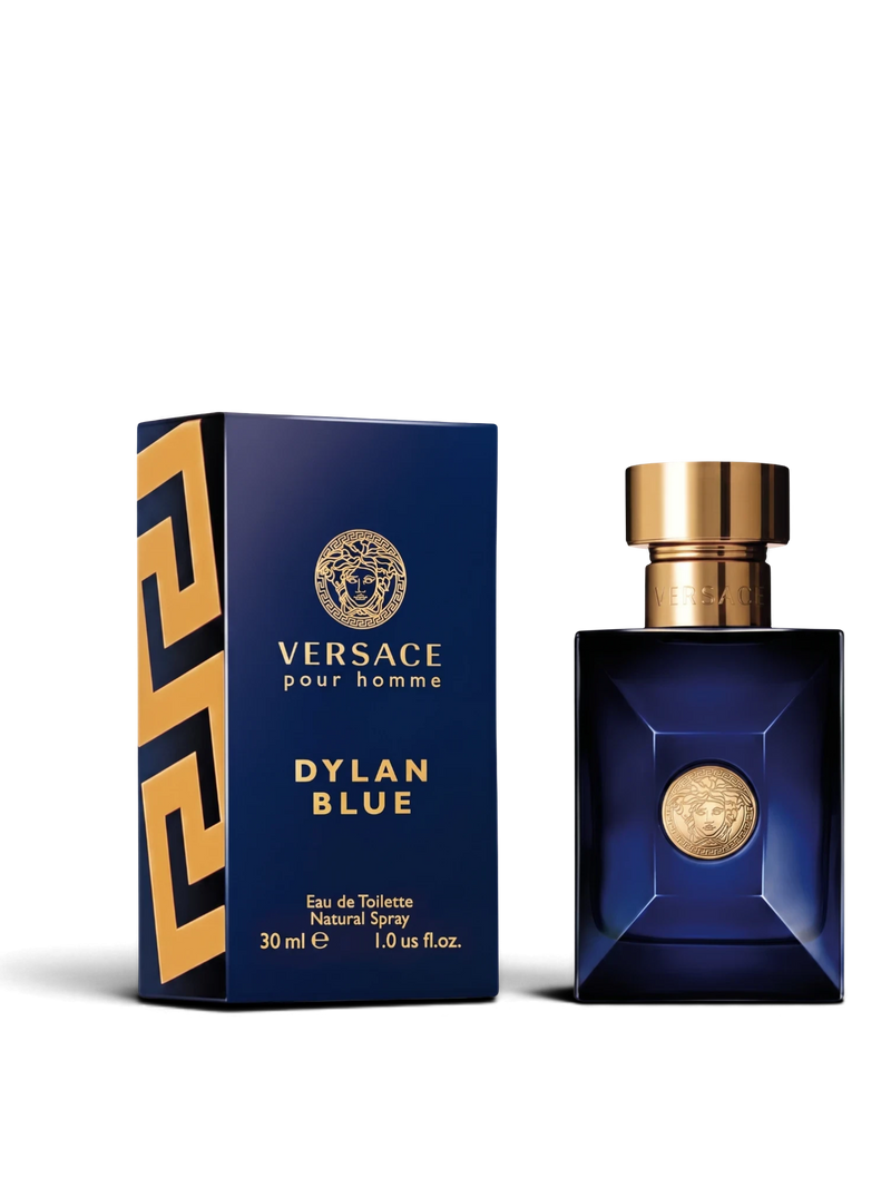 euaden Versace Dylan Blue erkek parfümü, altın detaylı lacivert şişe ve uyumlu kutu tasarımı ile lüks koku