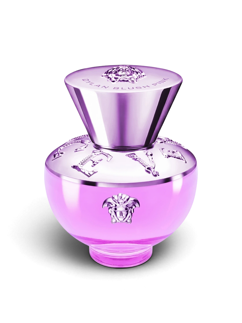 euaden Versace Dylan Blush Pink kadın parfümü, ikonik Medusa logolu şık pembe cam şişe tasarımı