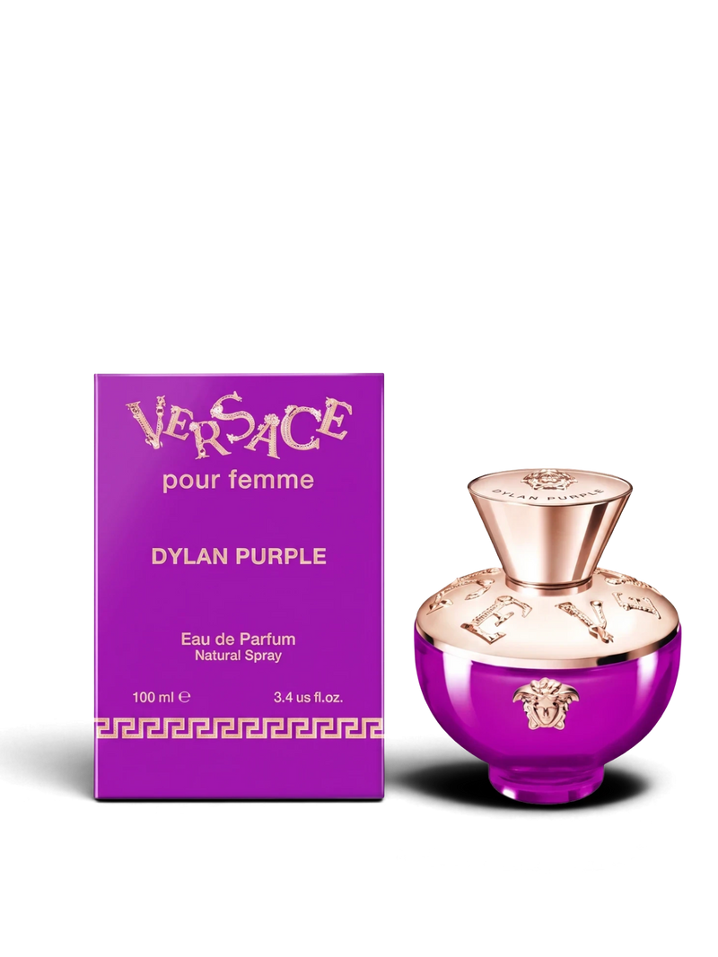 euaden Versace Dylan Purple 100 ml kadın parfümü, mor cam şişesi ve altın detaylı kapağı ile kutusuyla birlikte