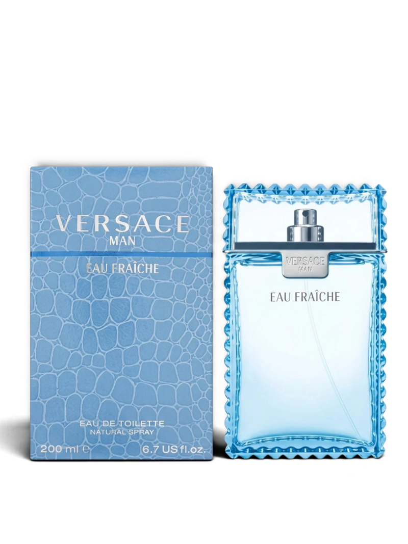euaden Versace Eau Fraiche 200 ml erkek parfümü, mavi timsah derisi desenli kutusu ve şık cam şişesiyle