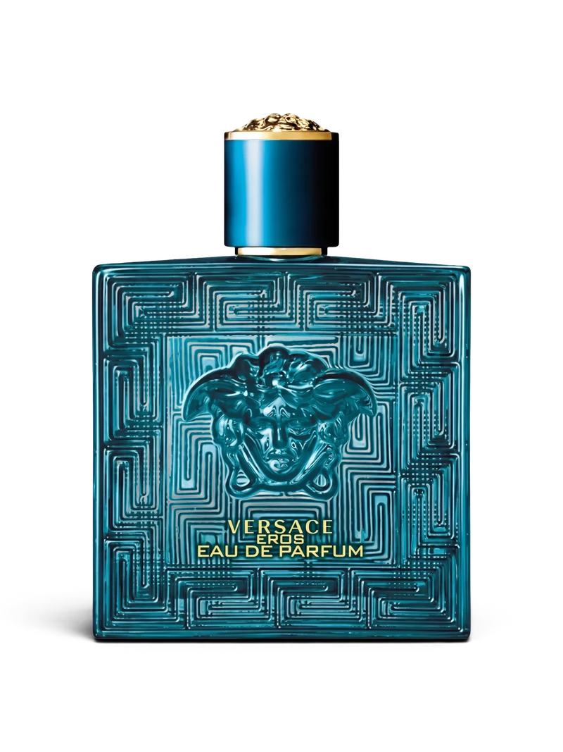 Euaden Versace Eros EDP erkek parfümü, ikonik Medusa kabartmalı turkuaz cam şişesi ve altın detaylı kapağı ile.