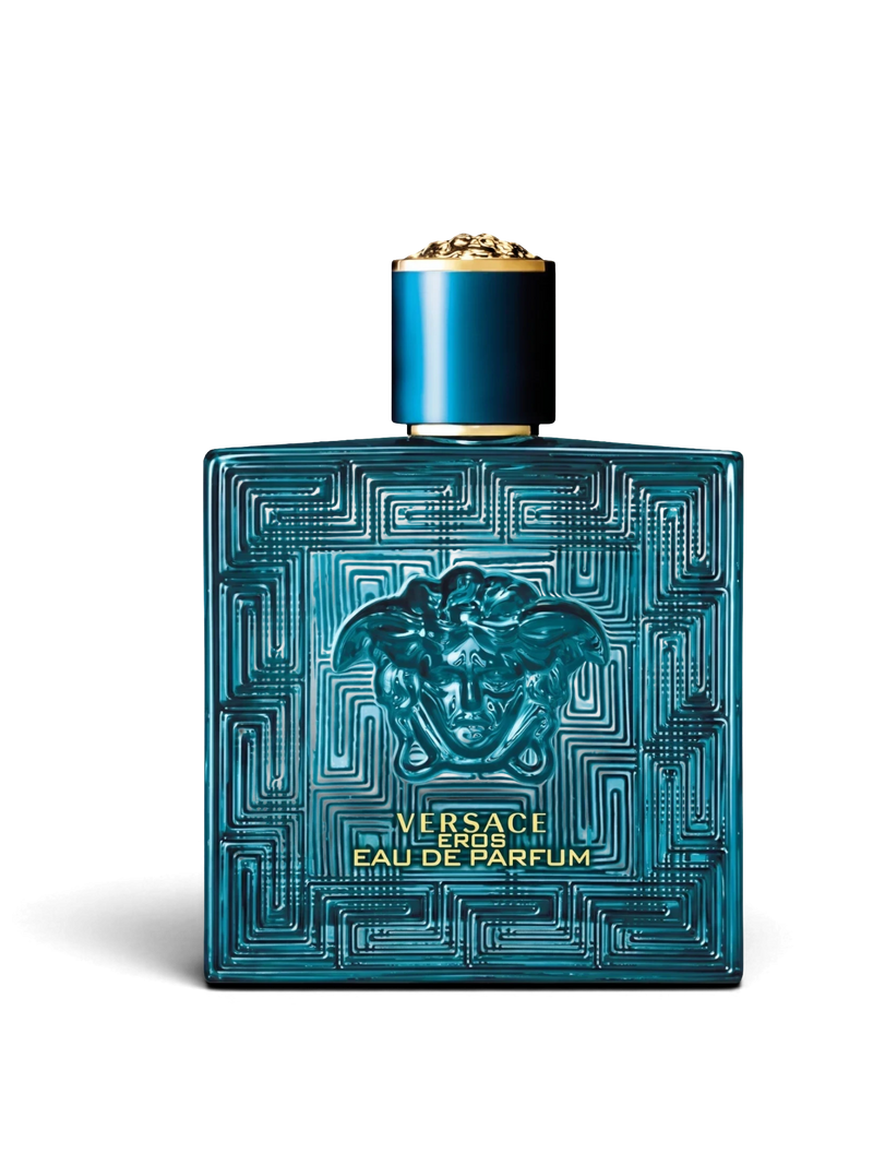 Euaden Versace Eros EDP erkek parfümü, ikonik Medusa kabartmalı turkuaz cam şişesi ve altın detaylı kapağı ile.