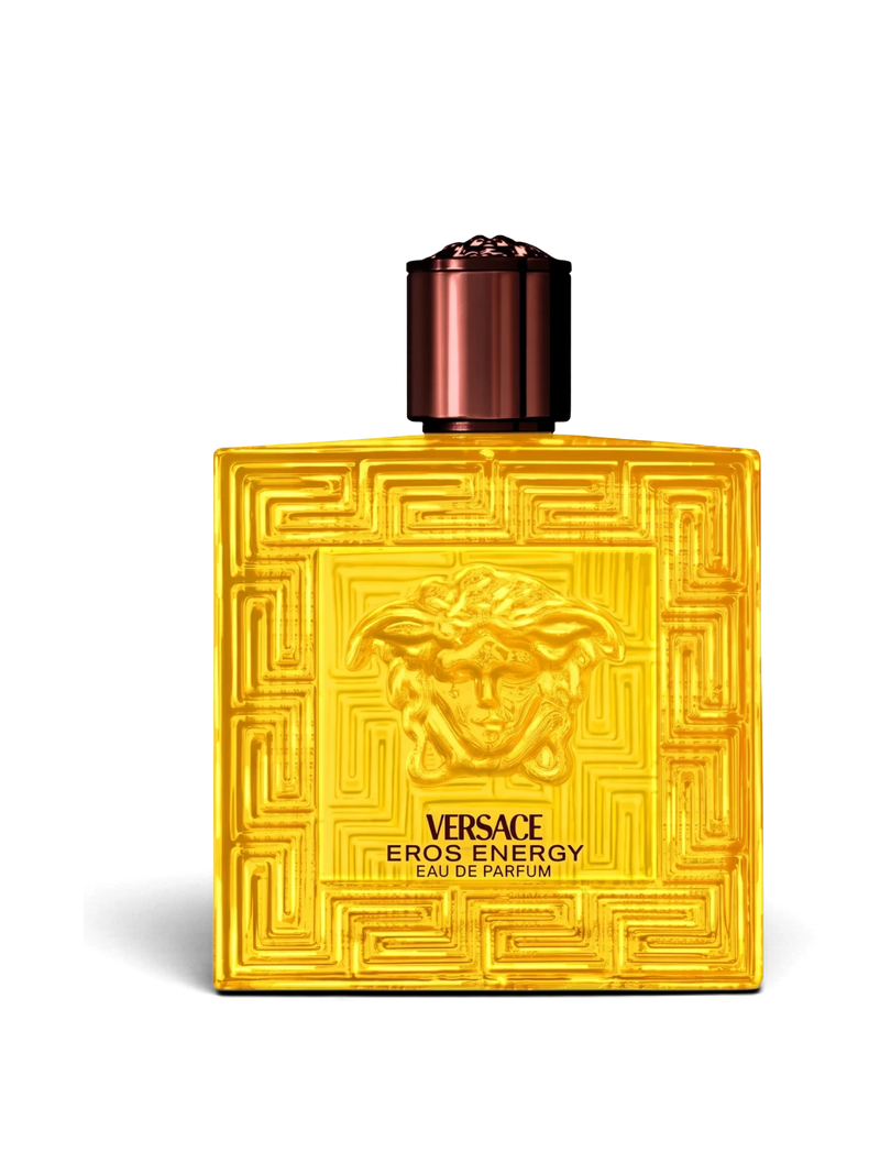 euaden Versace Eros Energy erkek parfümü, ikonik Medusa kabartmalı sarı cam şişesi ve modern tasarımıyla