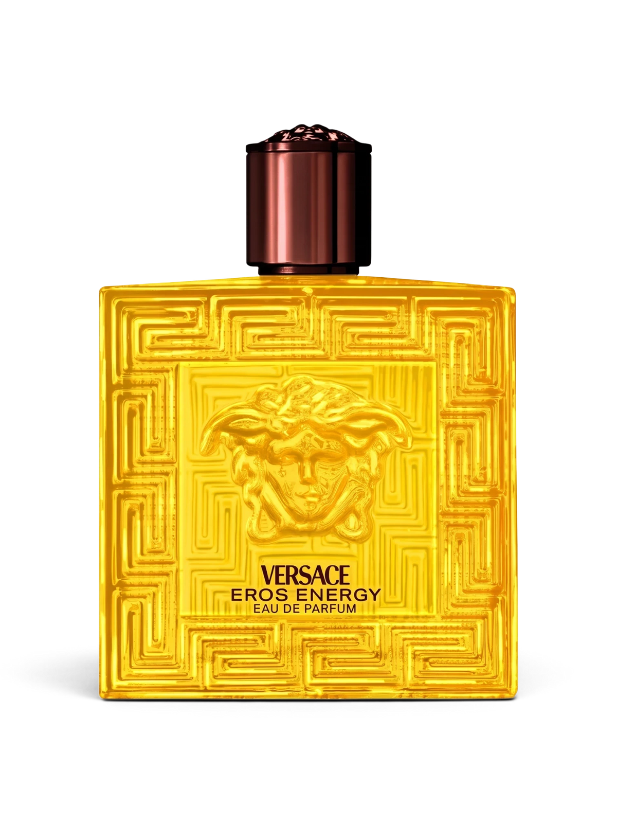 euaden Versace Eros Energy erkek parfümü, ikonik Medusa kabartmalı sarı cam şişesi ve modern tasarımıyla