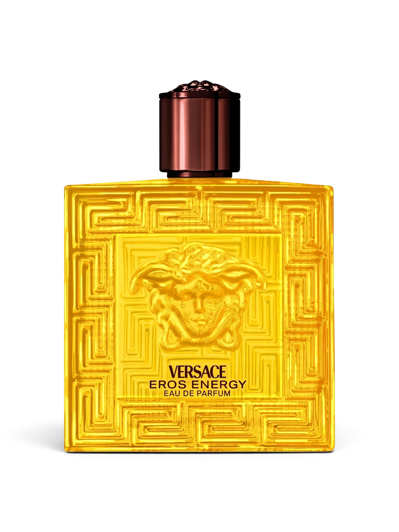 euaden Versace Eros Energy erkek parfümü, ikonik Medusa kabartmalı sarı cam şişesi ve modern tasarımıyla