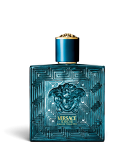 euaden Versace Eros erkek parfümü, Medusa kabartmalı ikonik turkuaz cam şişesi ve altın detaylarıyla lüks tasarım