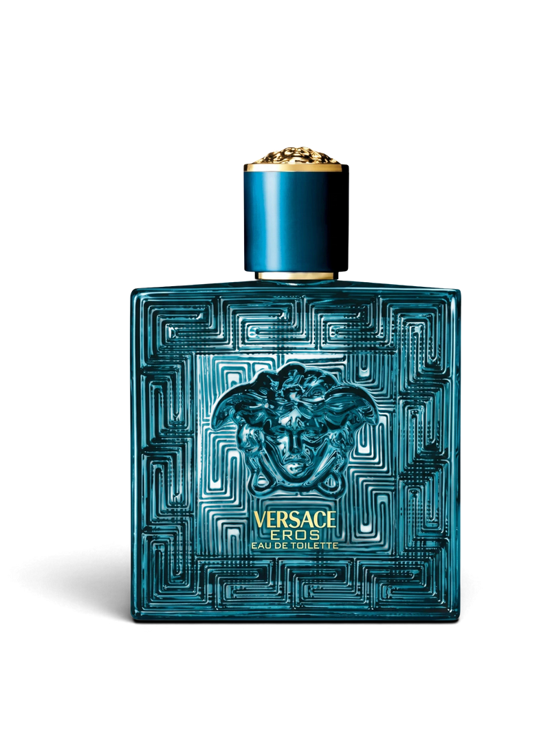 euaden Versace Eros erkek parfümü, Medusa kabartmalı ikonik turkuaz cam şişesi ve altın detaylarıyla lüks tasarım