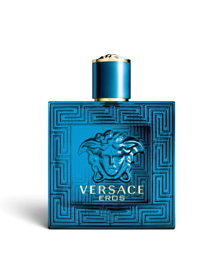 euaden Versace Eros erkek parfüm, ikonik Medusa kabartmalı mavi cam şişesi ve altın detaylı kapağı ile lüks koku.