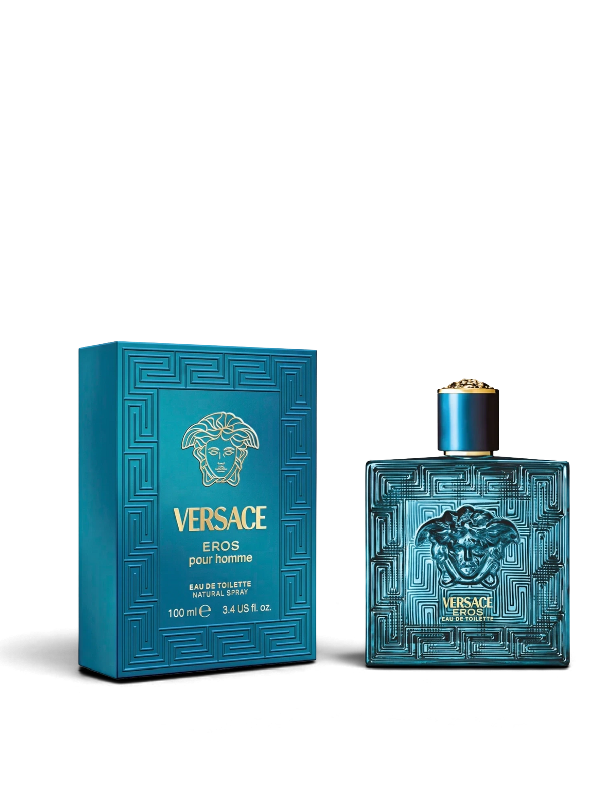 euaden Versace Eros erkek parfümü, ikonik turkuaz Medusa kabartmalı şişesi ve kutusu ile lüks erkek kokusu.