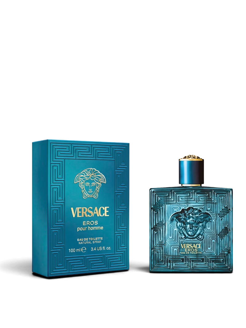 euaden Versace Eros erkek parfümü, ikonik turkuaz Medusa kabartmalı şişesi ve kutusu ile lüks erkek kokusu.