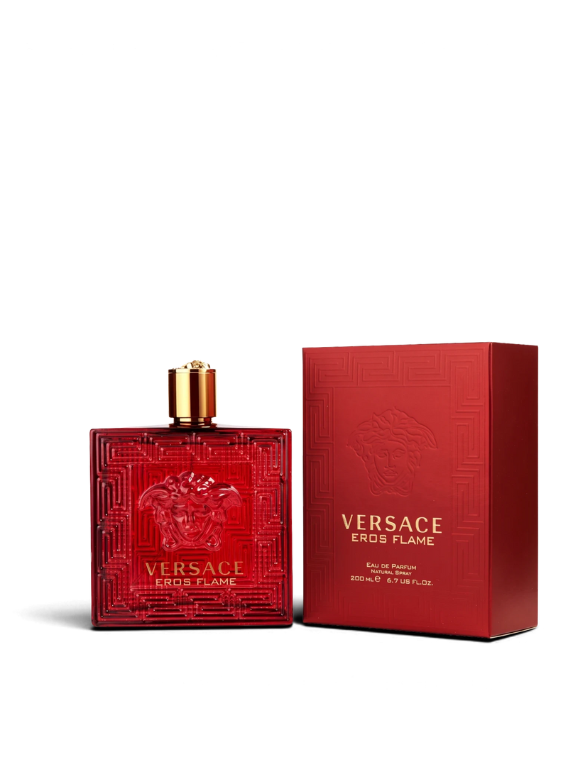Euaden Versace Eros Flame erkek parfümü, kırmızı cam şişesi ve Medusa kabartmalı kutusu ile odunsu baharatlı koku.