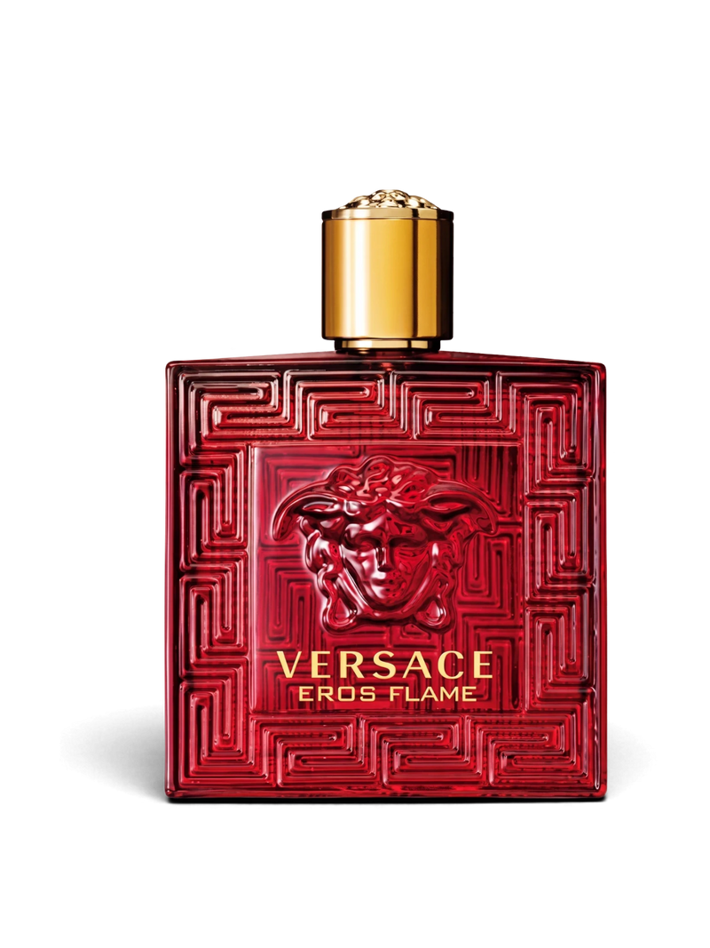 euaden Versace Eros Flame erkek parfümü, ikonik Medusa kabartmalı kırmızı cam şişesi ve altın rengi kapağı ile.