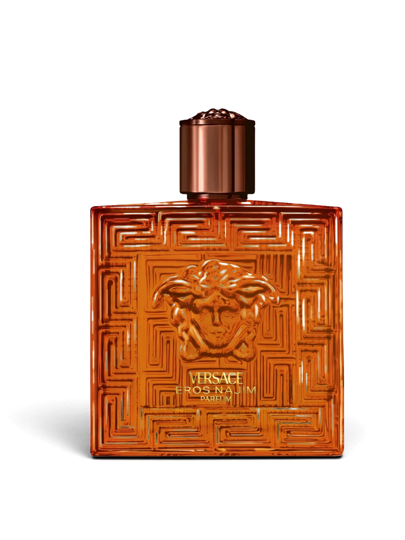euaden Versace Eros Najim Parfum, üzerinde Medusa kabartması bulunan kehribar rengi cam şişeli lüks erkek parfümü