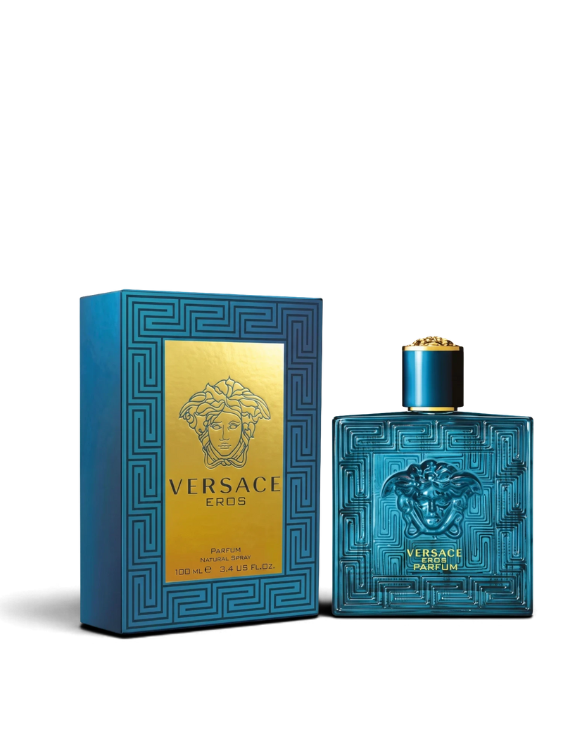 euaden Versace Eros Parfum erkek parfümü, ikonik turkuaz cam şişesi ve altın detaylı kutusu ile lüks tasarım.