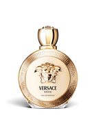 euaden Versace Eros Pour Femme kadın parfümü, altın rengi yuvarlak şişesi ve ikonik Medusa kabartmalı lüks tasarımı