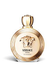 euaden Versace Eros Pour Femme kadın parfümü, altın rengi yuvarlak şişesi ve ikonik Medusa kabartmalı lüks tasarımı
